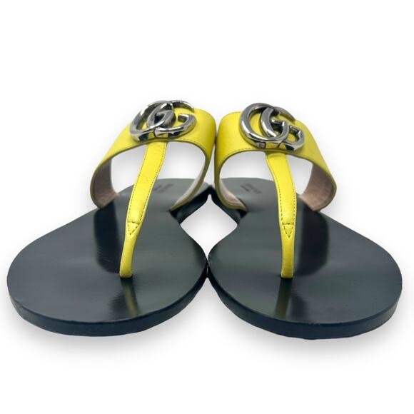 Gucci GG Marmont Thong Double G Flat Leather Sandals Yellow Silver 37.5 Women’s - Picture 5 of 11
